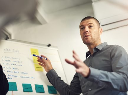 Explaining his plans in detail. Shot of a man giving a presentation to colleagues in an office